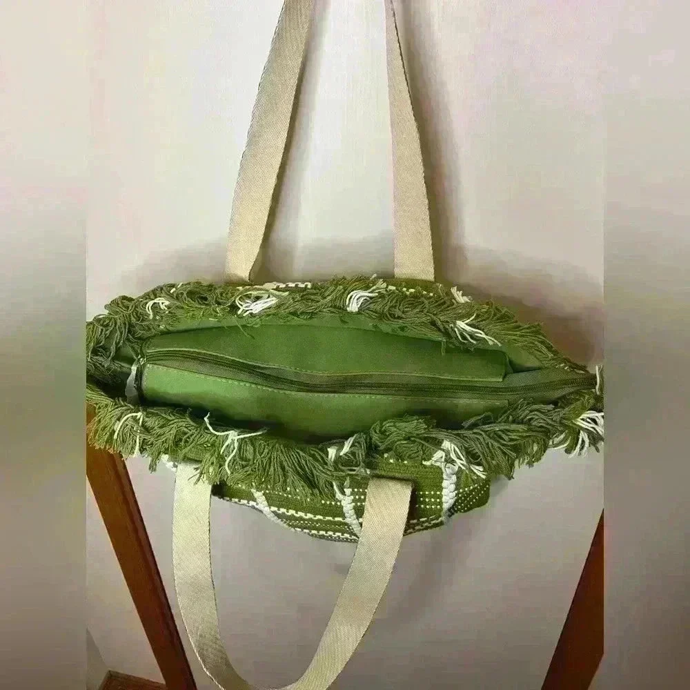 Women’s Large Shoulder Boho Style‎ Tote Bag, Green/White